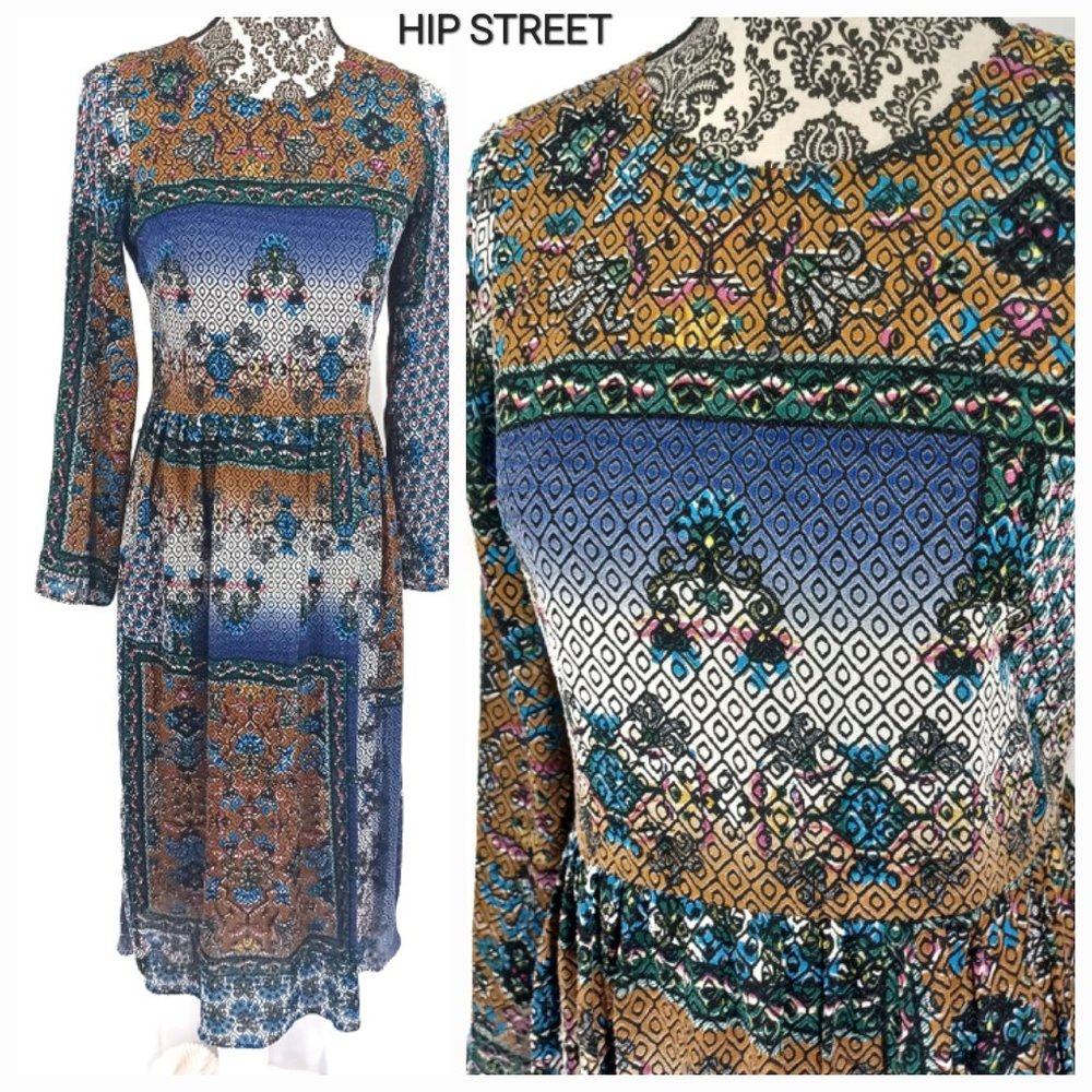 ZARA TRAFALUC LS Burn Out Folk Print Boho Midi Dress S